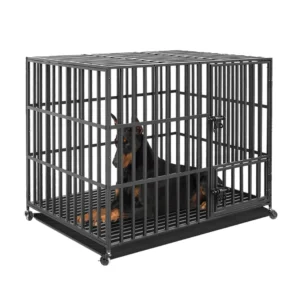 Heavy duty metal dog crate with 3  locks ,  four wheels, and  removable tray.